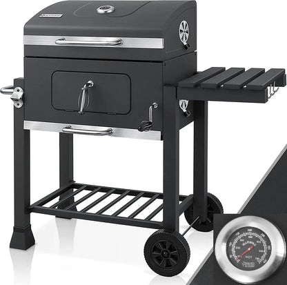 Houtskool Barbecue - Grote Barbecue - met Wielen - 5-10 Personen - Ruim Grilloppervlak - Verstelbare Houtskooltray - en thermometer - Tuin en Camping BBQ - Gemakkelijk Schoon te Maken - QUORE
