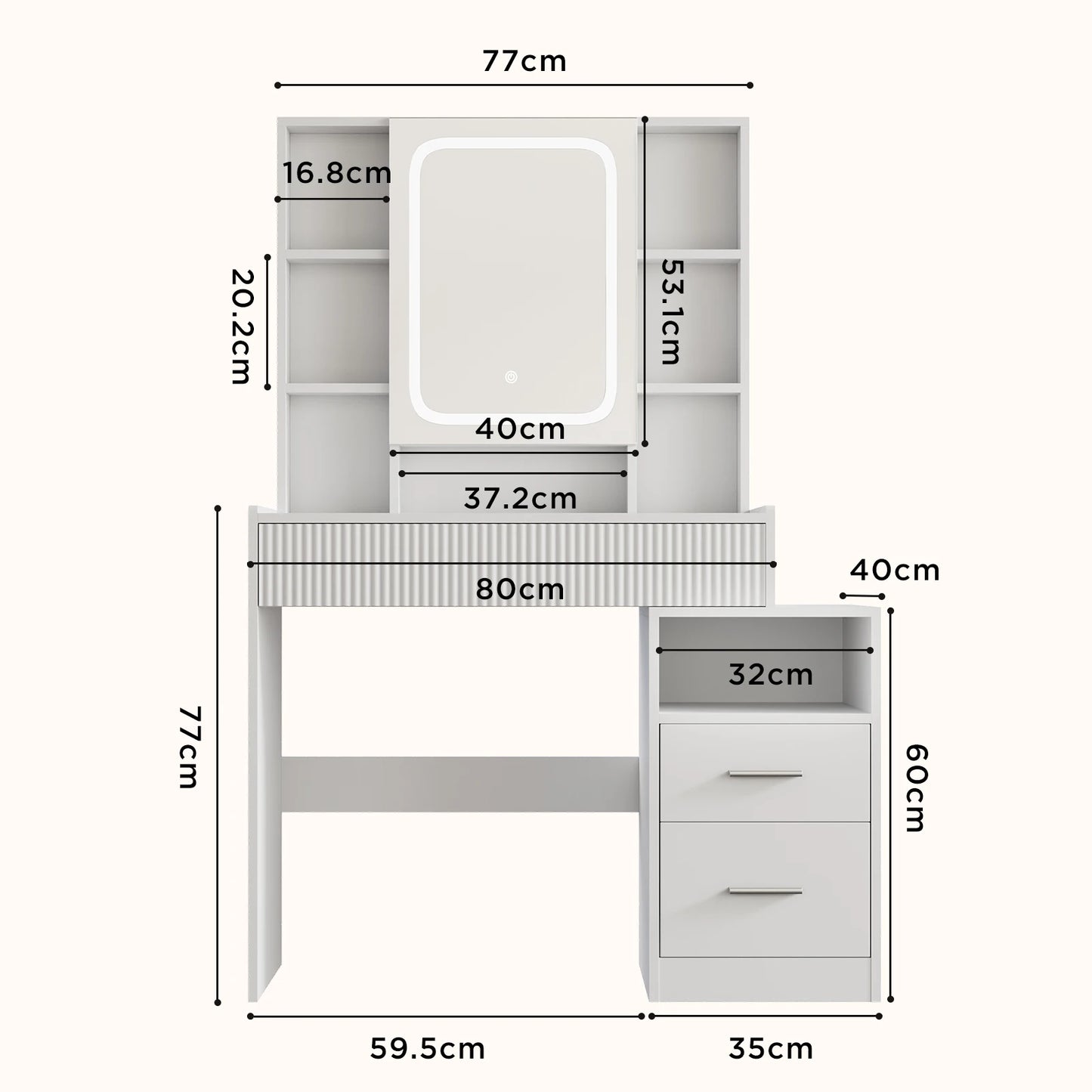 Kaptafel – Make-up Tafel – Dressoir – Make-up Meubel – Schminktafel – Wit – Met LED-Spiegel – 3 Laden & 8 Open Vakken – 96,5x40x141 cm