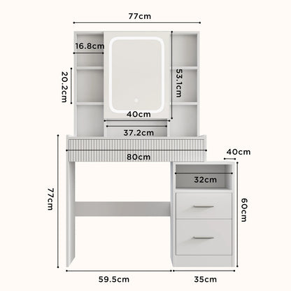Kaptafel – Make-up Tafel – Dressoir – Make-up Meubel – Schminktafel – Wit – Met LED-Spiegel – 3 Laden & 8 Open Vakken – 96,5x40x141 cm