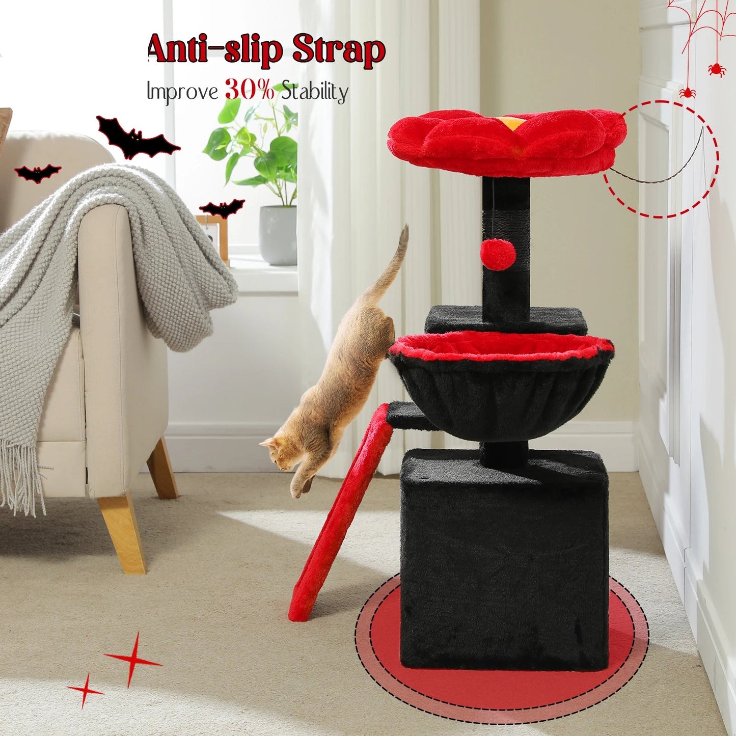 Kattenboom – met Bloem Ontwerp - Krabpaal - Stabiele Hangmat - Huis - Sisal Krabpalen - Verwijderbare Top Perch - Kat Condo - voor Kleine Binnenkatten - 80 cm - Zwart