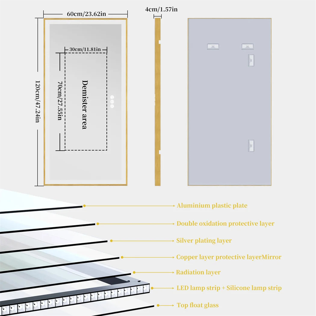 LED Badkamerspiegel – Badkamer Spiegel – Make-Up Spiegel – Verlichte Spiegel – Wandspiegel – Goud Aluminium Frame – 120x60 cm – Anti Condens & 3 Kleurverlichting
