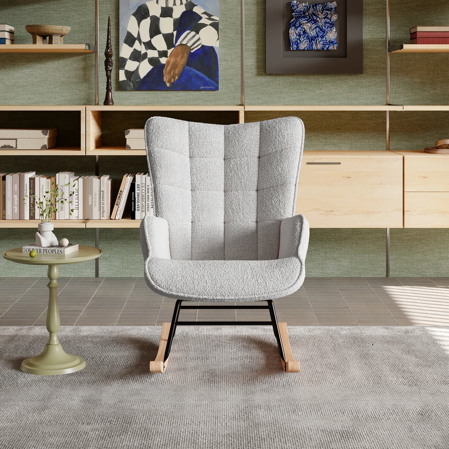 Schommelstoel – Relaxstoel – Schommelfauteuil – Lounge Stoel – Fauteuil – Teddyfluweel Bekleding – Ergonomisch Ontwerp – Stevig Metalen Frame – Compact Formaat