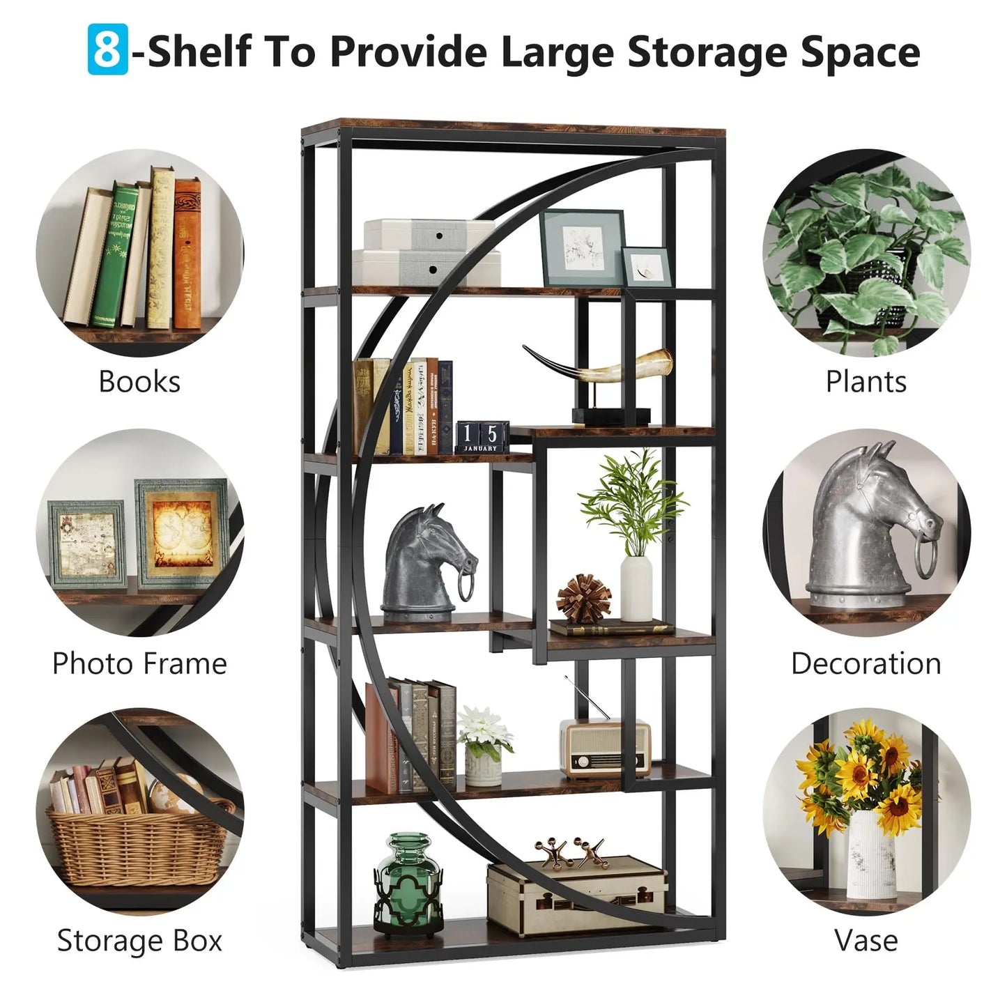 Boekenkast – Industriële Kast – Open Kast – Opbergkast – Wandkast – 8 Open Vakken – Zwart Metalen Frame