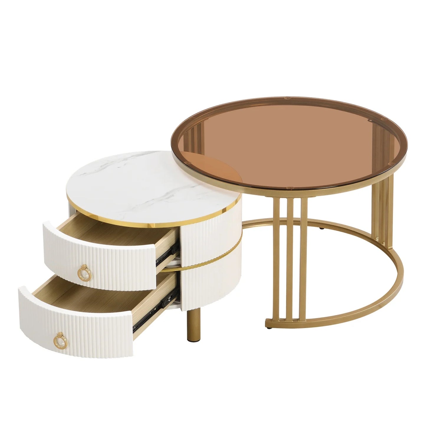 2-in-1 Salontafel – Ronde Tafel – Bijzettafel – Woonkamertafel – Koffietafel – Hoogglans Wit en Bruin – 2 Laden – Compact en Stabiel Design