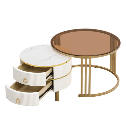 2-in-1 Salontafel – Ronde Tafel – Bijzettafel – Woonkamertafel – Koffietafel – Hoogglans Wit en Bruin – 2 Laden – Compact en Stabiel Design