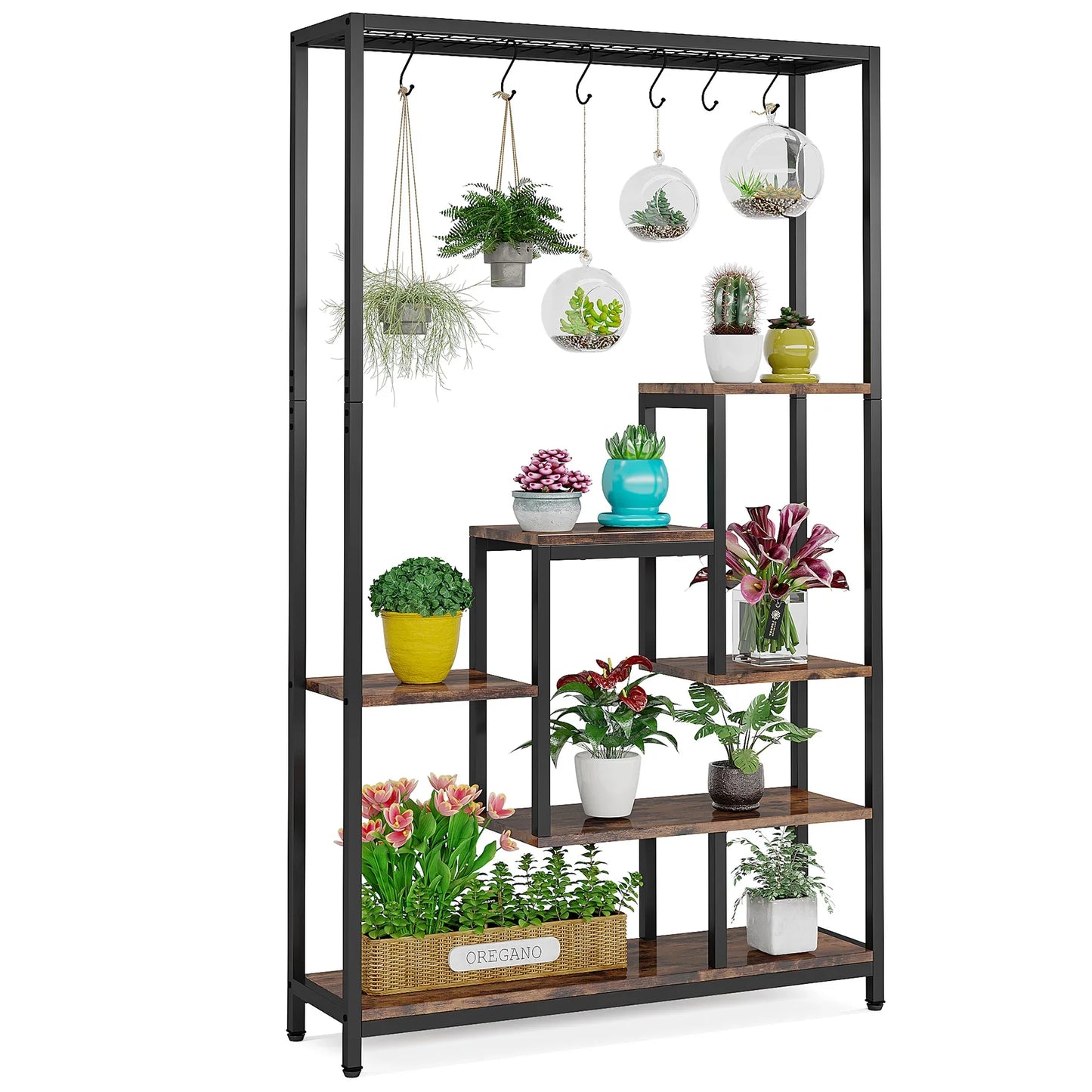 Plantenstandaard - Hoge Binnen Plantenplank - 5-Tier - 70.9 Inch Hoogte - Grote Metalen Plantenrek - Plantenrekken - Bloemenrek - Plantenstandaarden - Inclusief 10 Ophanghaken – Geschikt voor Tuinen en Interieur - Zwart - QUORE
