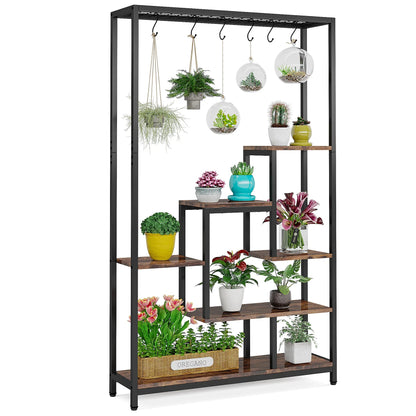 Plantenstandaard - Hoge Binnen Plantenplank - 5-Tier - 70.9 Inch Hoogte - Grote Metalen Plantenrek - Plantenrekken - Bloemenrek - Plantenstandaarden - Inclusief 10 Ophanghaken – Geschikt voor Tuinen en Interieur - Zwart - QUORE