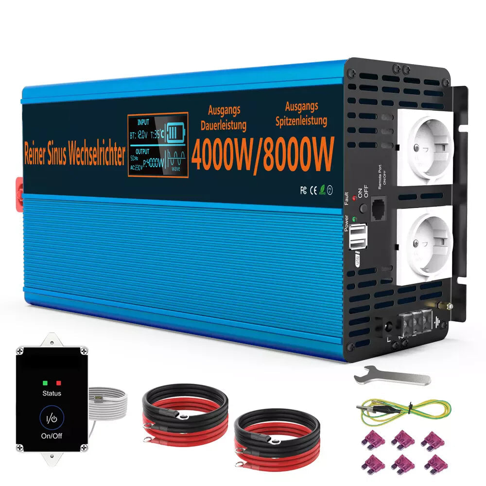 Spanningsomvormer – Inverter – Stroomomvormer – DC Naar AC – 4000W Continue Vermogen – Zuivere Sinusgolf - 12V Naar tot 230V