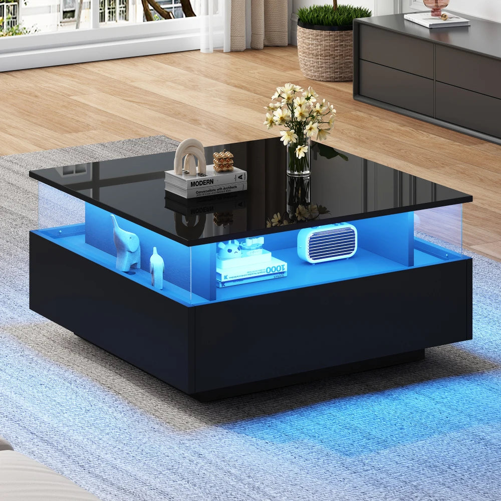 Salontafel – Koffietafel – Tafel – Woonkamertafel – Bijzettafel – Zwart – Modern Design – Geïntegreerde LED-Verlichting - QUORE