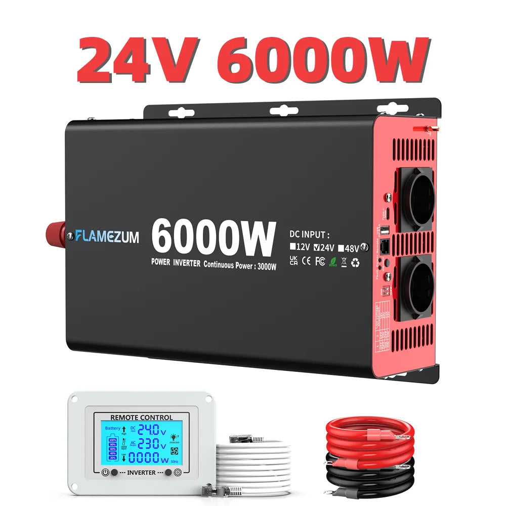 Spanningsomvormer – Inverter – Stroomomzetter – DC-AC Converter – Omvormer 24V 3000W – Gemodificeerde Sinusgolf – Aluminium Behuizing – LCD Voltmeter - QUORE