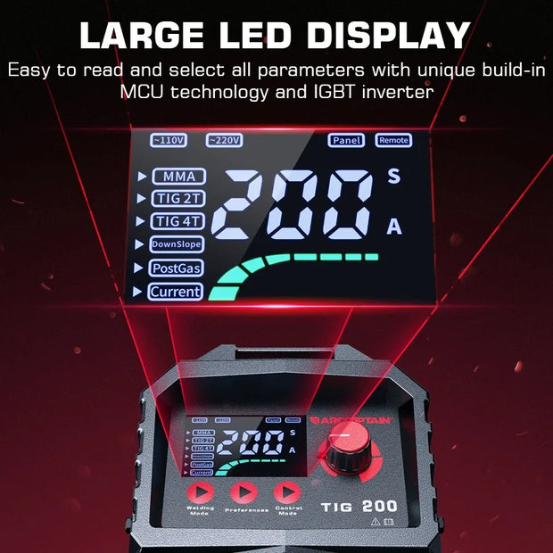 Arccaptain - TIG200 1 - Lasmachine - Elektrische lasmachine - Synergic Contol Welder - 2 in 1 - Tig Lasmachine - LED Digitaal Display - Rood