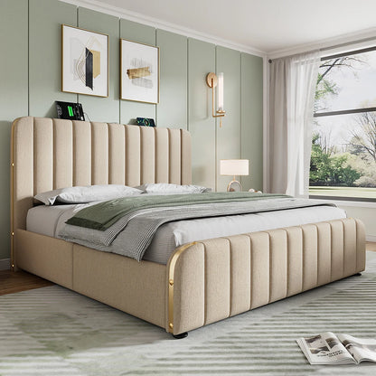 Tweepersoonsbed – Bed – Slaapbed – Boxspring – Bedframe – Beige Linnen – 180x200 cm – Geïntegreerde USB en Type-C Oplaadpunten – 4 Ruime Opberglades