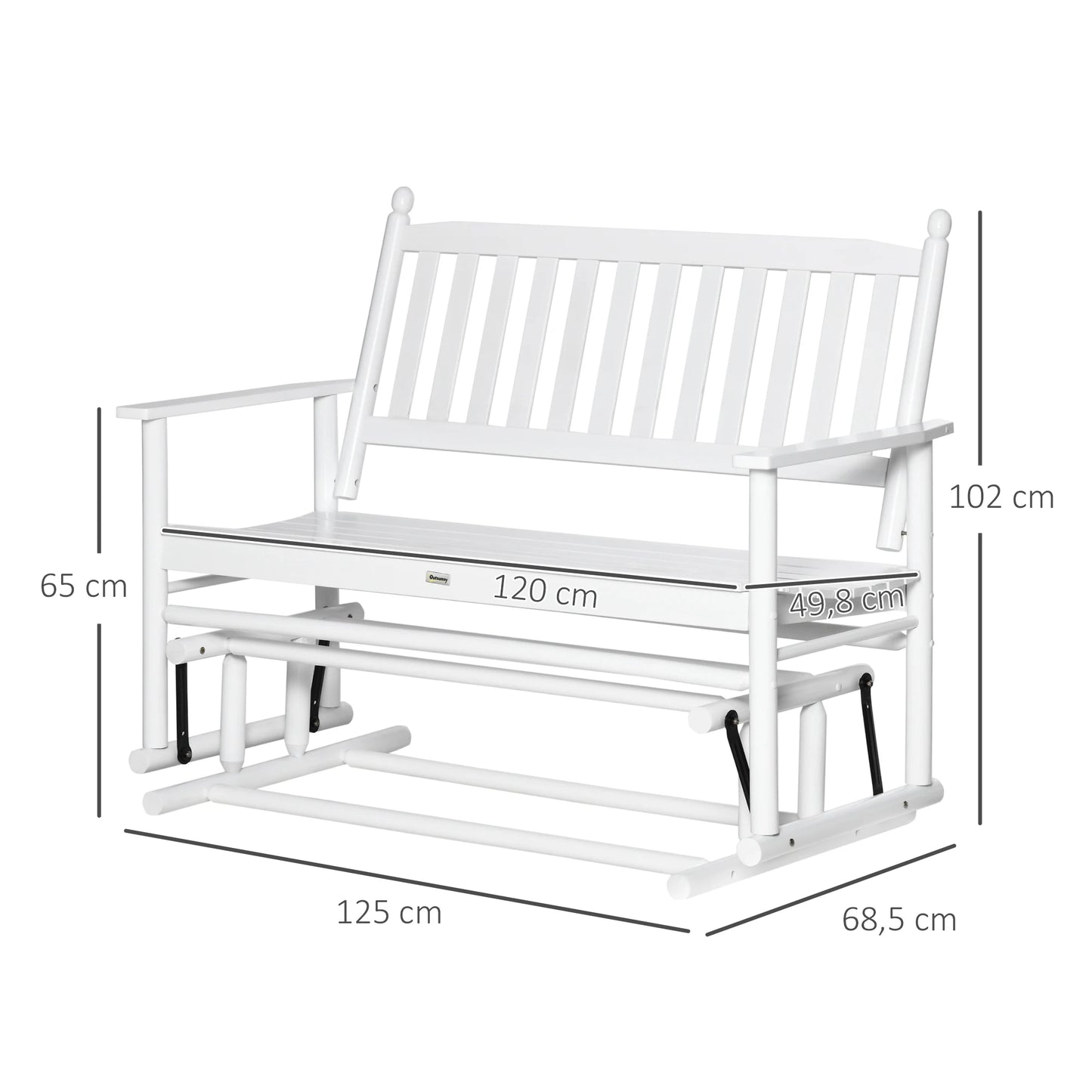 Tuin Bank - Tuinbank Hout - Tuinbanken - Garden Furniture - Houten Schommelbank voor Twee Personen met Armleuningen en Lattenzitting - 125x68,5x102 cm - Wit - QUORE