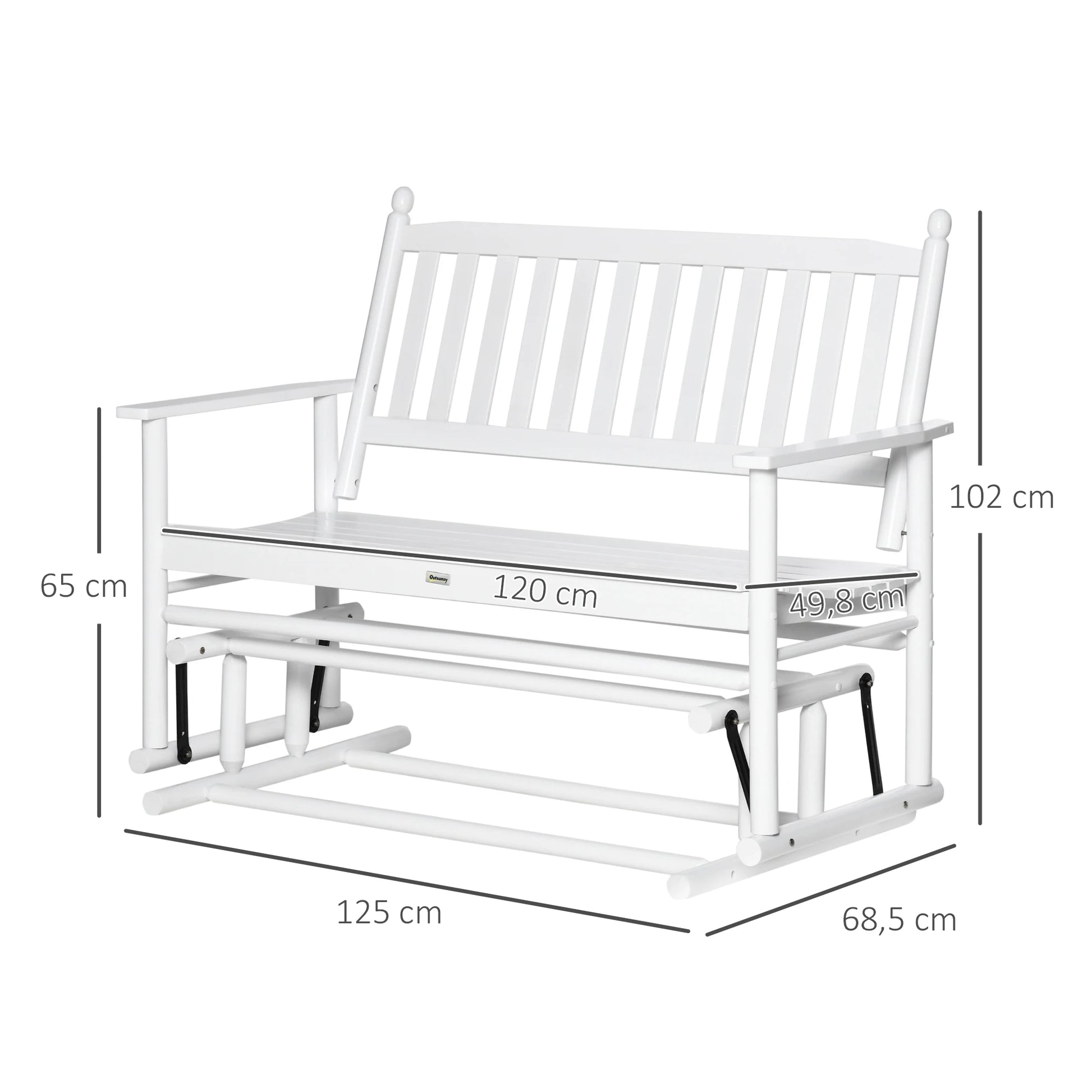 Tuin Bank - Tuinbank Hout - Tuinbanken - Garden Furniture - Houten Schommelbank voor Twee Personen met Armleuningen en Lattenzitting - 125x68,5x102 cm - Wit - QUORE