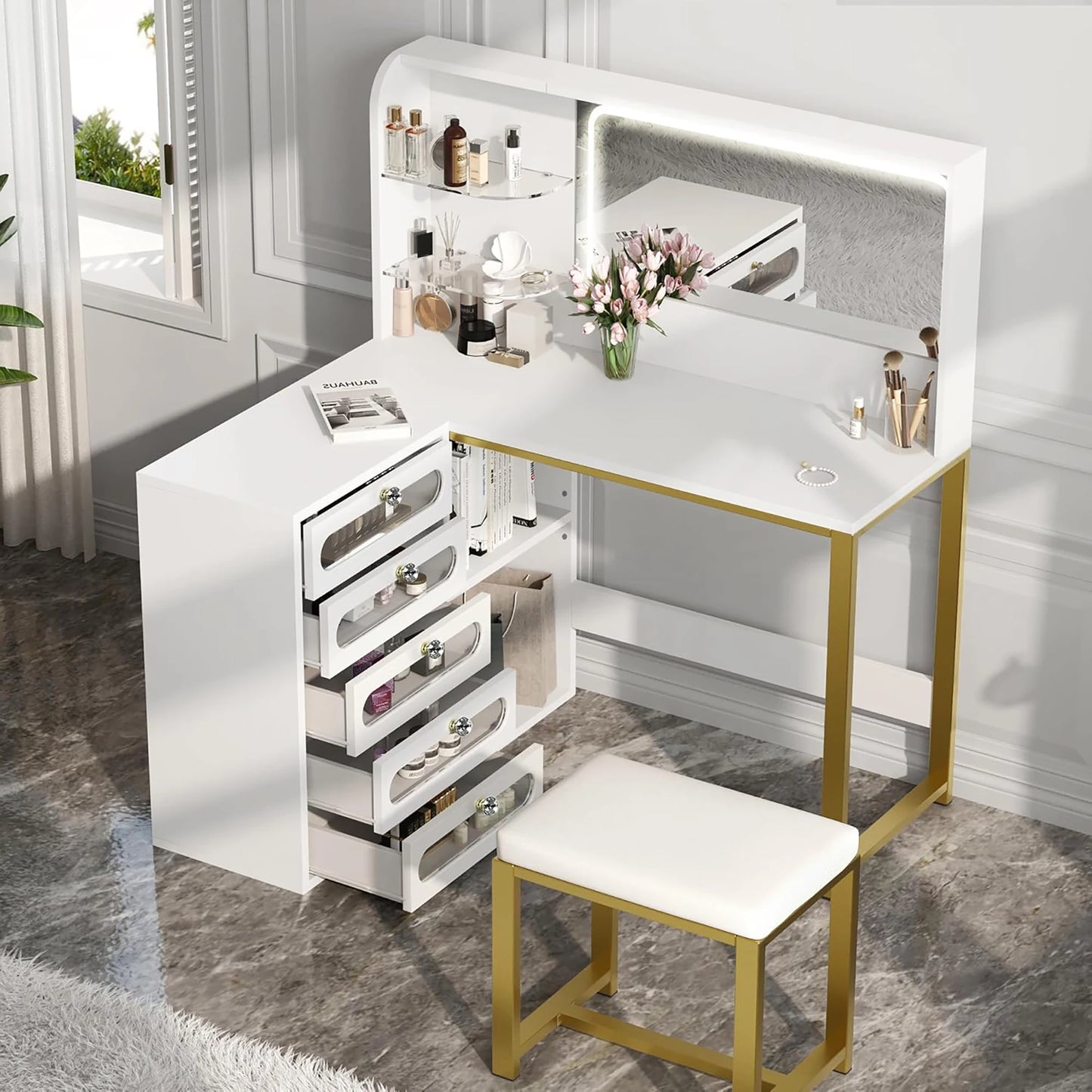 Kaptafel – Make-up tafel – Dressoir – Beauty tafel – Toilettafel – Met verstelbare LED-verlichting – Inclusief geïntegreerde USB-oplaadpoort en föhnhouder – Variant A3