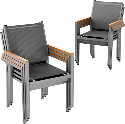 Tuinstoelen – Stapelbare Stoelen – Tuinmeubilair – Buitenstoelen – Aluminium Frame – Ademend Textilene – Weerbestendig - Set van 6 - Grijs - QUORE
