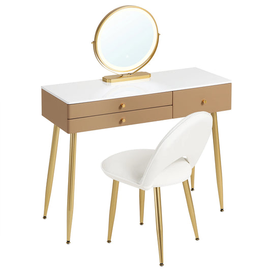 Make-up Tafel - met Spiegel - LED Spiegellicht - Kaptafel - Verstelbare - 100x40x122 cm - 3 Lades - Velvet Kruk - voor Slaapkamer -1SET - Khaki - QUORE