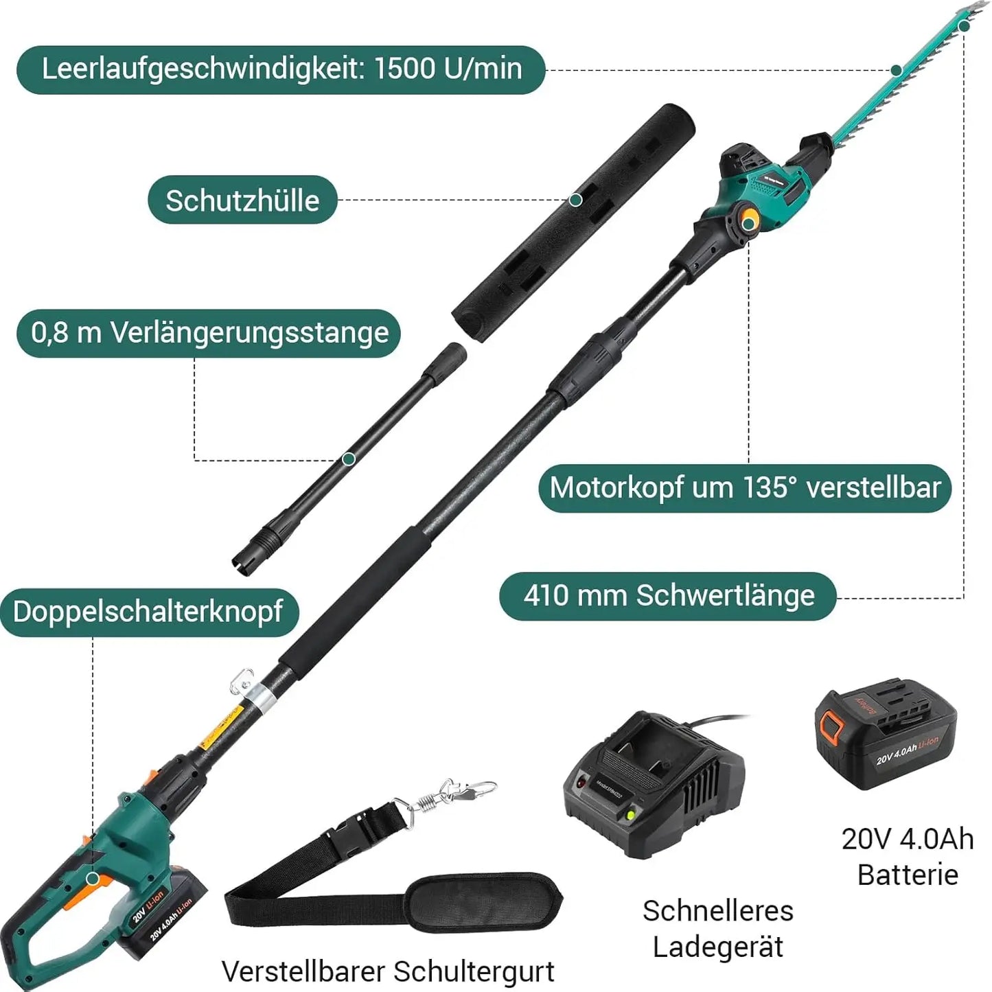 Heggenschaar – Telescoopheggenschaar – Accu Heggenschaar – Elektrische Haagschaar – Snoeigereedschap – 45 cm Snijlengte – 20V Lithium-ion Accu