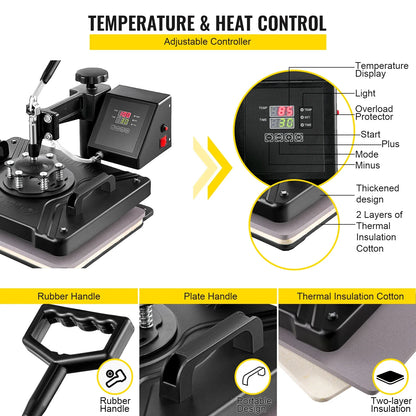 5-in-1 Hittepersmachine - 12x15 Inch Multifunctionele Sublimatie Pers - Geschikt voor T-Shirts - Mokken - Hoeden - Borden - 360° Swing-Away Design