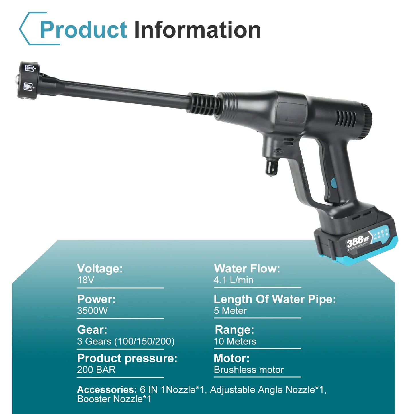 Hogedruk Auto Wasmachine -  Hogedruk Waterpistool - Hogedrukreiniger - Hogedrukspuit - Draadloze - 200Bar - Auto-Wasser - Brushless - 6IN1 - 18V - 1 Batterij - Zilver