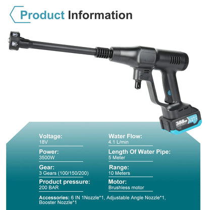 Hogedruk Auto Wasmachine -  Hogedruk Waterpistool - Hogedrukreiniger - Hogedrukspuit - Draadloze - 200Bar - Auto-Wasser - Brushless - 6IN1 - 18V - 1 Batterij - Zwart
