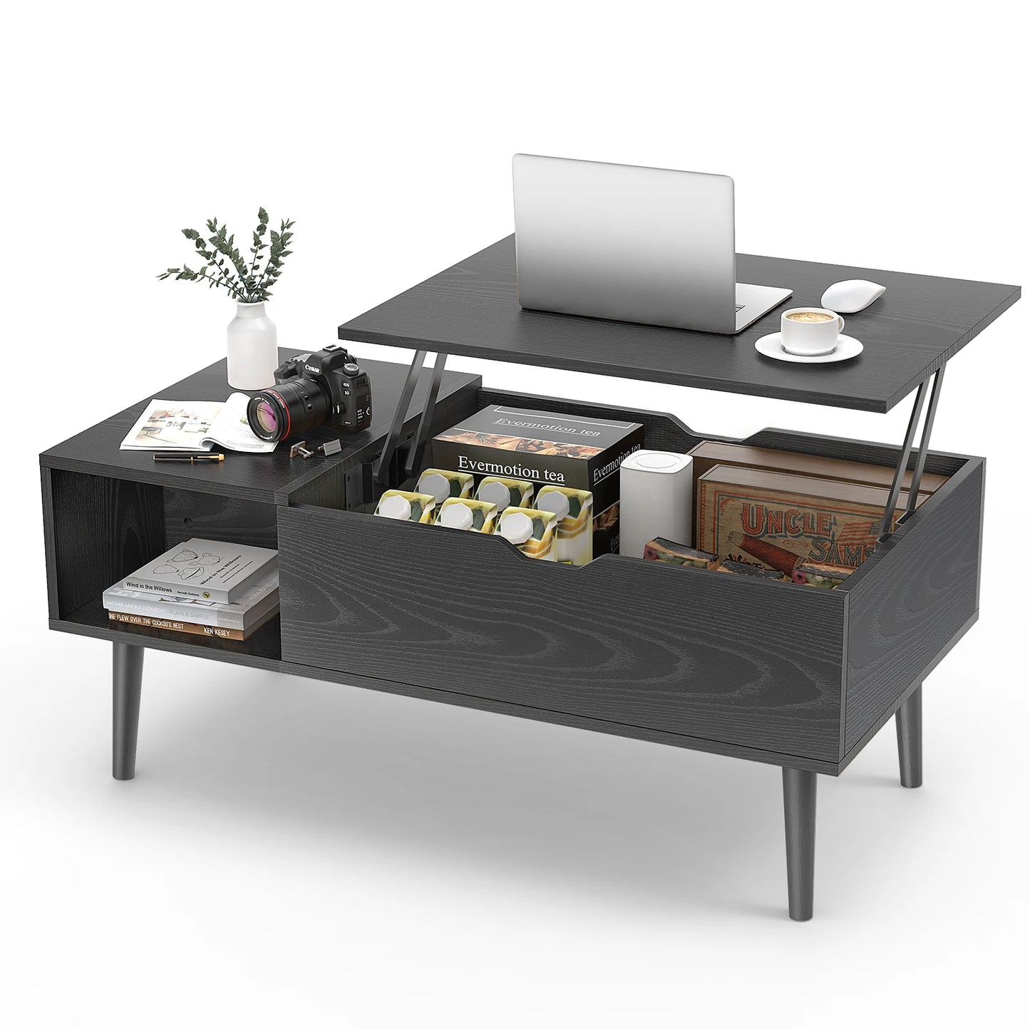 Verstelbare Salontafel - Met Lift-Top - Houten Koffietafel met Opbergruimte - Multifunctionele Eettafel - Bureau Voor Woonkamer - 100 x 50 x 44.2 cm - Zwart
