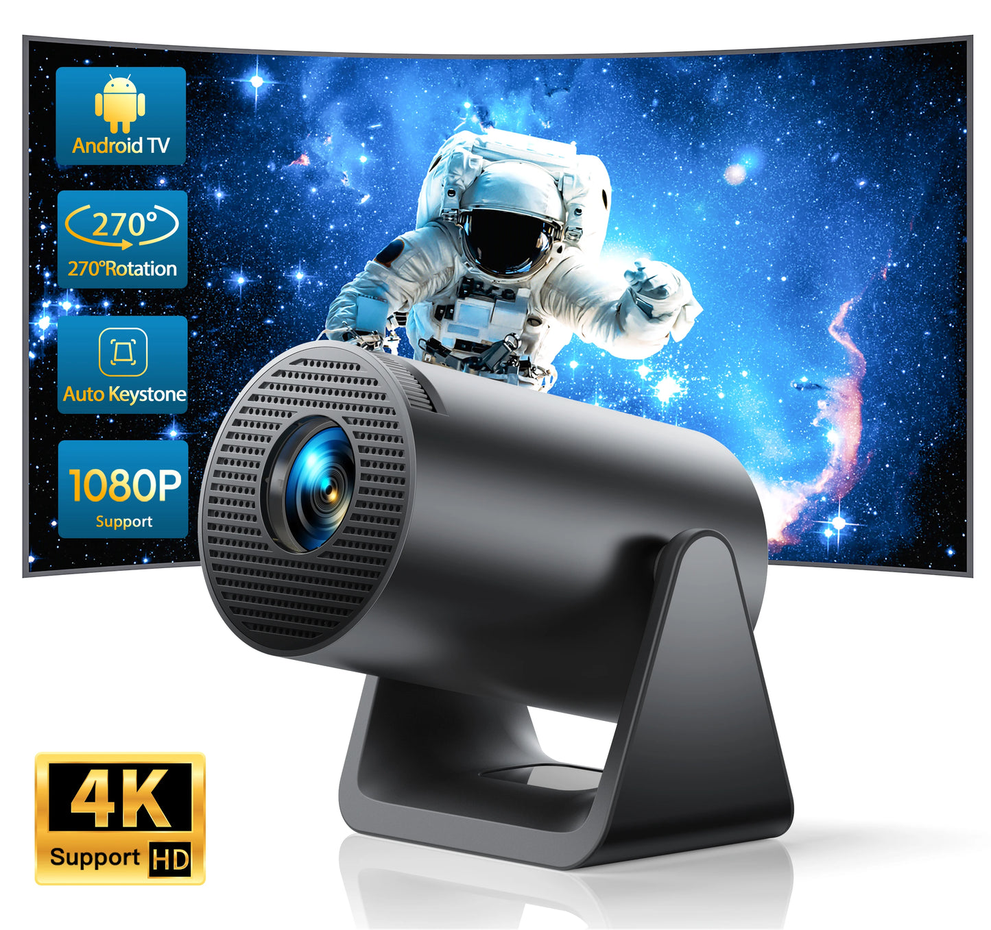 Beamer - Projector - Mini Projector - 1080P Ondersteuning - 300 ANSI Lumen – Android 11 - WIFI & Bluetooth – Auto Keystone – Draagbare Film Projector – EU Plug - QUORE
