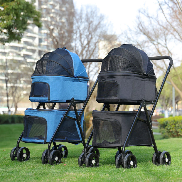 Dog Stroller - Dog Stroller Foldable - Stroller - Double Stroller for Pets - Foldable - With Removable Luggage Carrier - For Small Dog and Cat - Blue