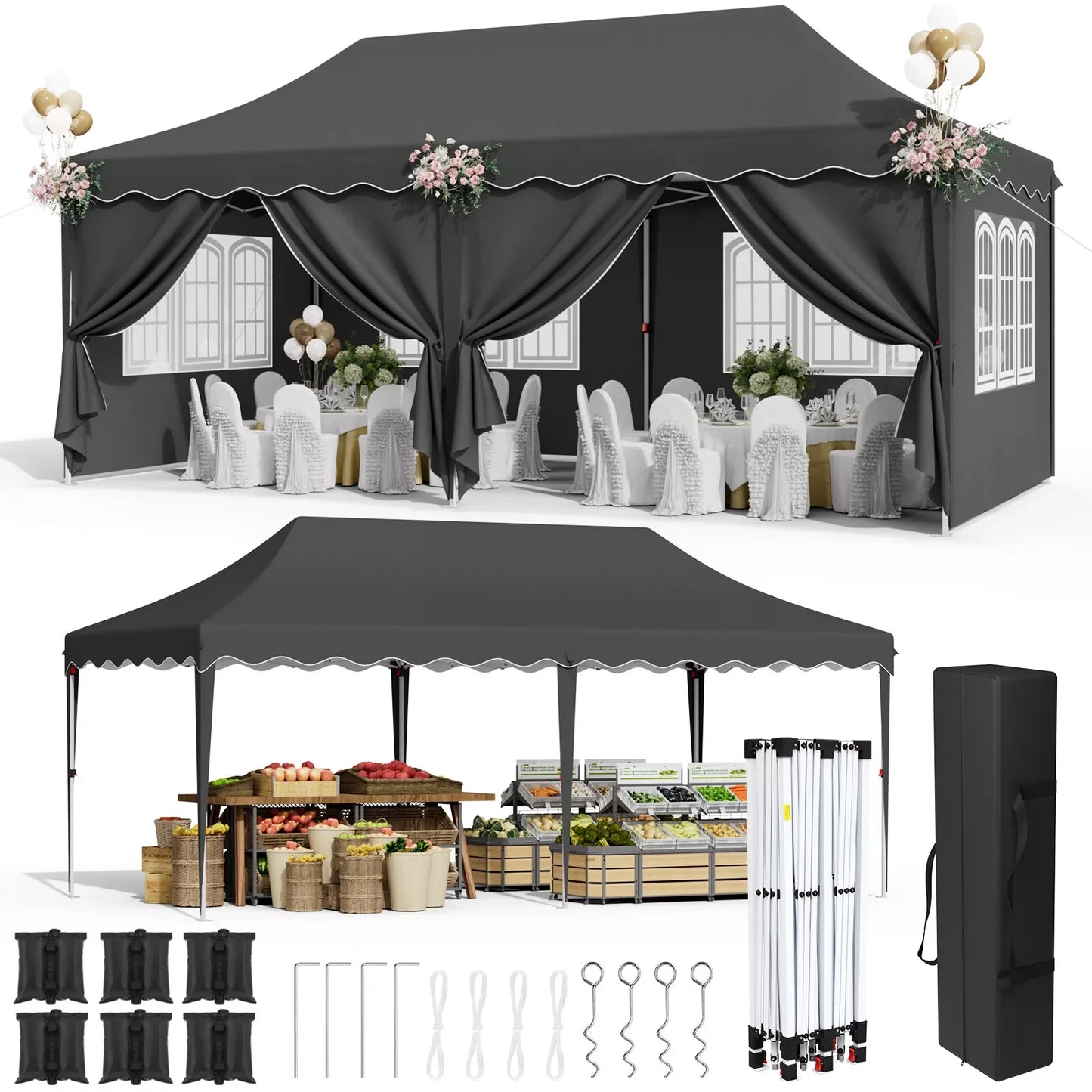 Tuinpaviljoen - Partytent - Partytenten - Paviljoen - Easy up Partytent - 3x6m - Waterdicht - Opvouwbare - Heavy-Duty - Inclusief 6 Zijpanelen – UV 50+ Bescherming - Zwart