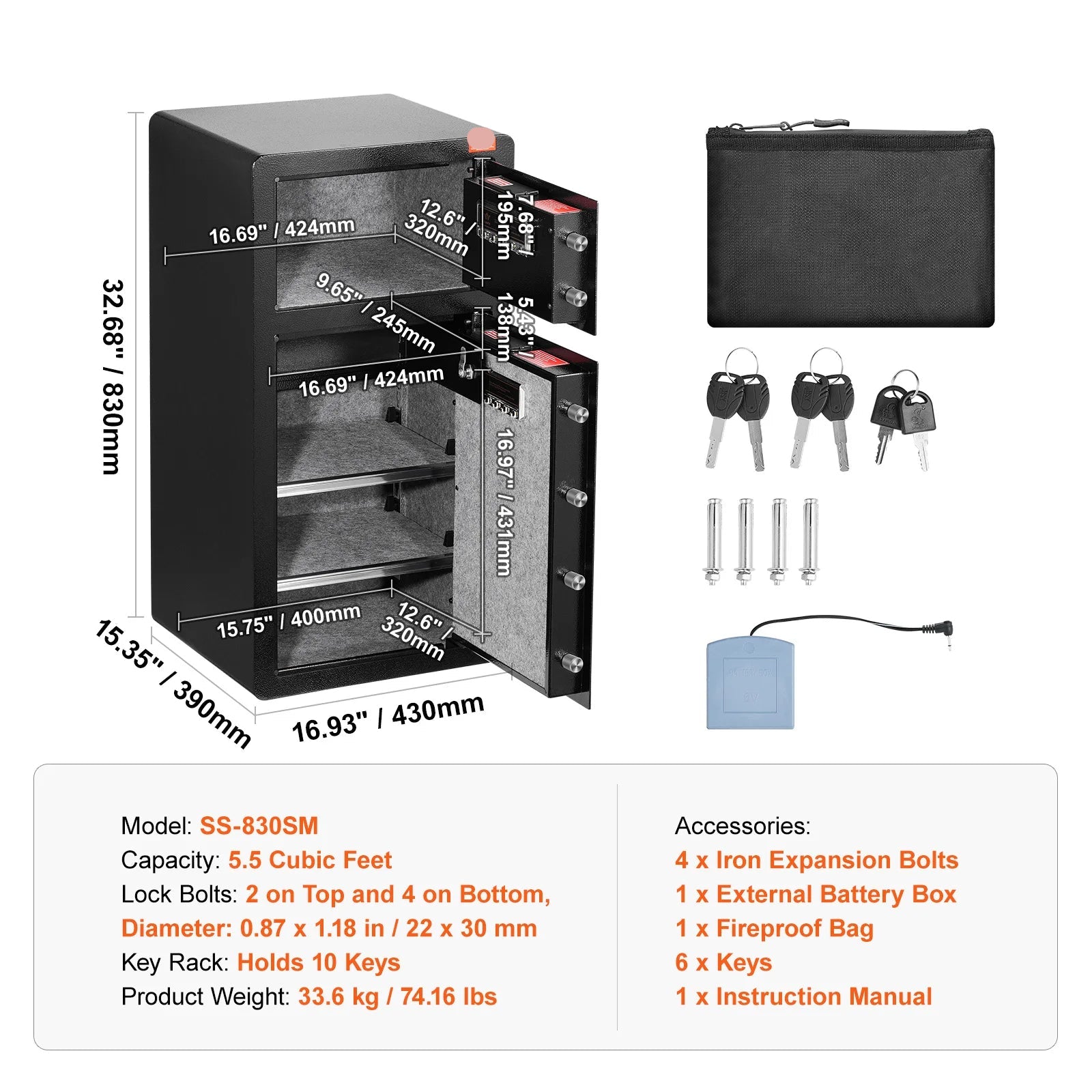 Veiligheidskluis - Kluis - Sleutelkluis - Sleutelkastje - 5.5CU.FT - met Dubbele Toegang - Sleutel, Wachtwoord & Vingerafdruk – Brandwerende Opbergbox met LED & Sleutelrek - QUORE