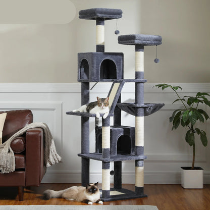 Kattenboom - Sisal Krabpalen - Kitten Krabpaal - Katten Klimmuur - Arbre a Chat - Meerdere Verdiepingen - Grote - 180cm - met Hangmat & Speeltjes - Houten Krabmeubel - voor Binnenkatten - Beige
