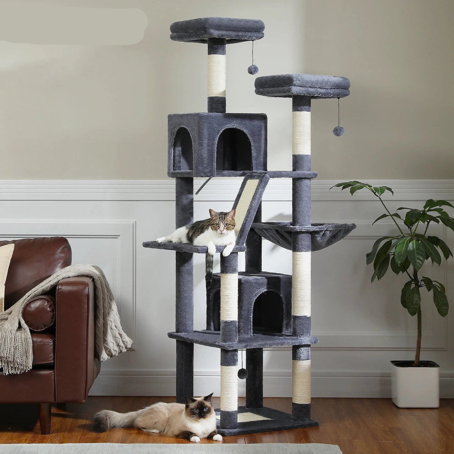 Kattenboom - Sisal Krabpalen - Kitten Krabpaal - Katten Klimmuur - Arbre a Chat - Meerdere Verdiepingen - Grote - 180cm - met Hangmat & Speeltjes - Houten Krabmeubel - voor Binnenkatten - Donkergrijs