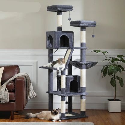 Kattenboom - Sisal Krabpalen - Kitten Krabpaal - Katten Klimmuur - Arbre a Chat - Meerdere Verdiepingen - Grote - 180cm - met Hangmat & Speeltjes - Houten Krabmeubel - voor Binnenkatten - Donkergrijs