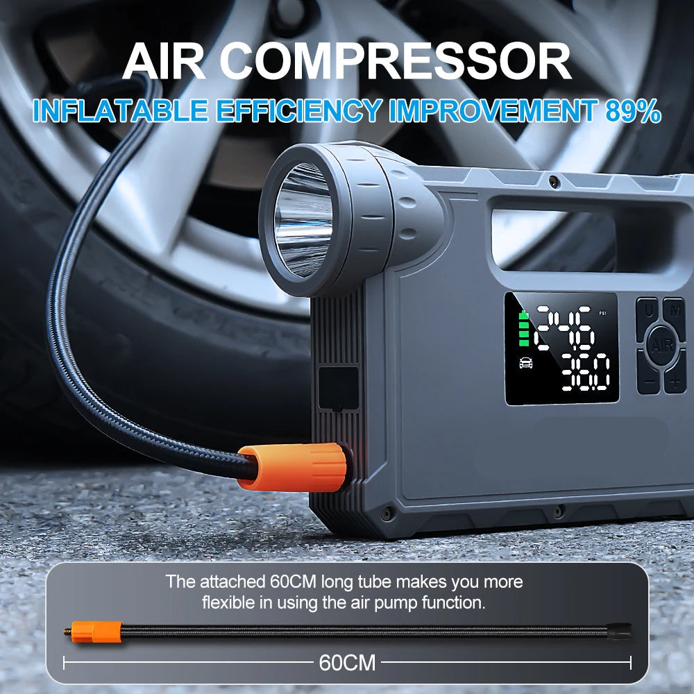 5-in-1 - Auto-Starthulp - Draagbare Zaklamp - Startapparaat Power Bank - Automotive Booster-start - met Luchtcompressor - 12000-18000mAh - 1000A - 150PSI - 12V - 10W - 1300LM - Zwart