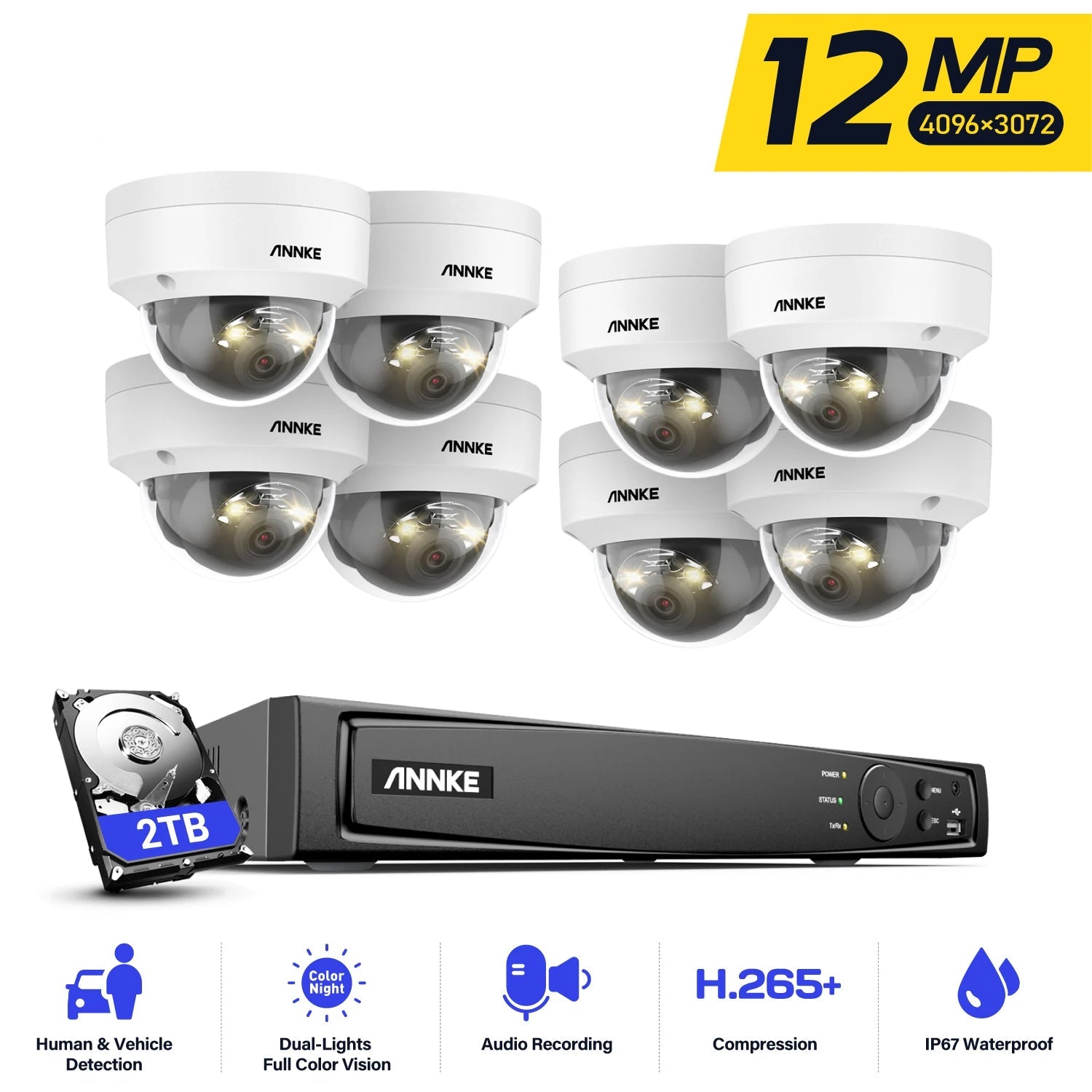12MP Beveiligingscamera – Bewakingscamera – Beveiligingssysteem – CCTV Camera – NVR Set – Ultra HD 12 Megapixel – Nachtzicht Dual Light – Ingebouwde Microfoon – PoE – IP67 Weerbestendig - QUORE