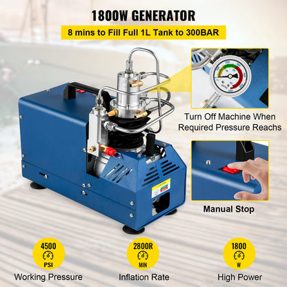 Luchtcompressorpomp - Luchtdruk - 1800W - 4500PSI - 30MPA - 300BAR - 220V - Compressor - Draagbare Compressor - Blauw - QUORE