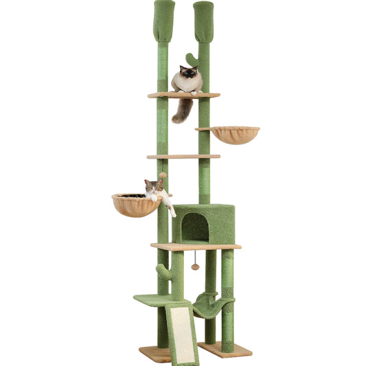 Cactus Kattentoren - Verstelbare Krabpaal met Sisal - Hangmat en 2 Mandjes - Kattenmeubel voor Meerdere Katten - Hoogte 216-285cm - Groen