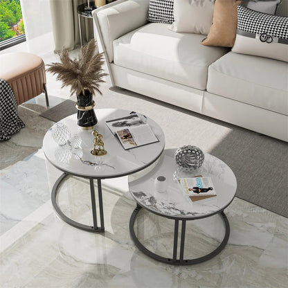 Ronde Salontafel Set – Woonkamer Tafel – Nesting Tafels – Bijzettafels – Koffietafels – Aluminium Frame – Gesinterd Steenblad Jadewit – Ruimtebesparend Design