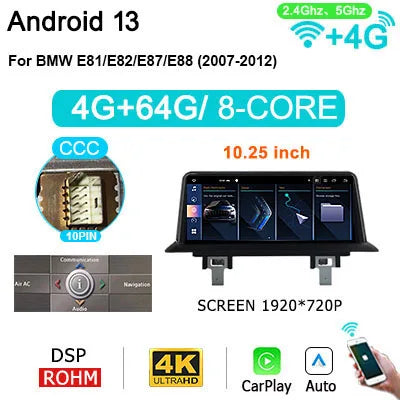 Autoradio BMW 1 Serie – Multimedia Speler – Navigatiesysteem – Touchscreen Stereo – Android 14 – 10,25”/12,3” Scherm – 8GB RAM + 256GB Opslag – Draadloos CarPlay & Android Auto