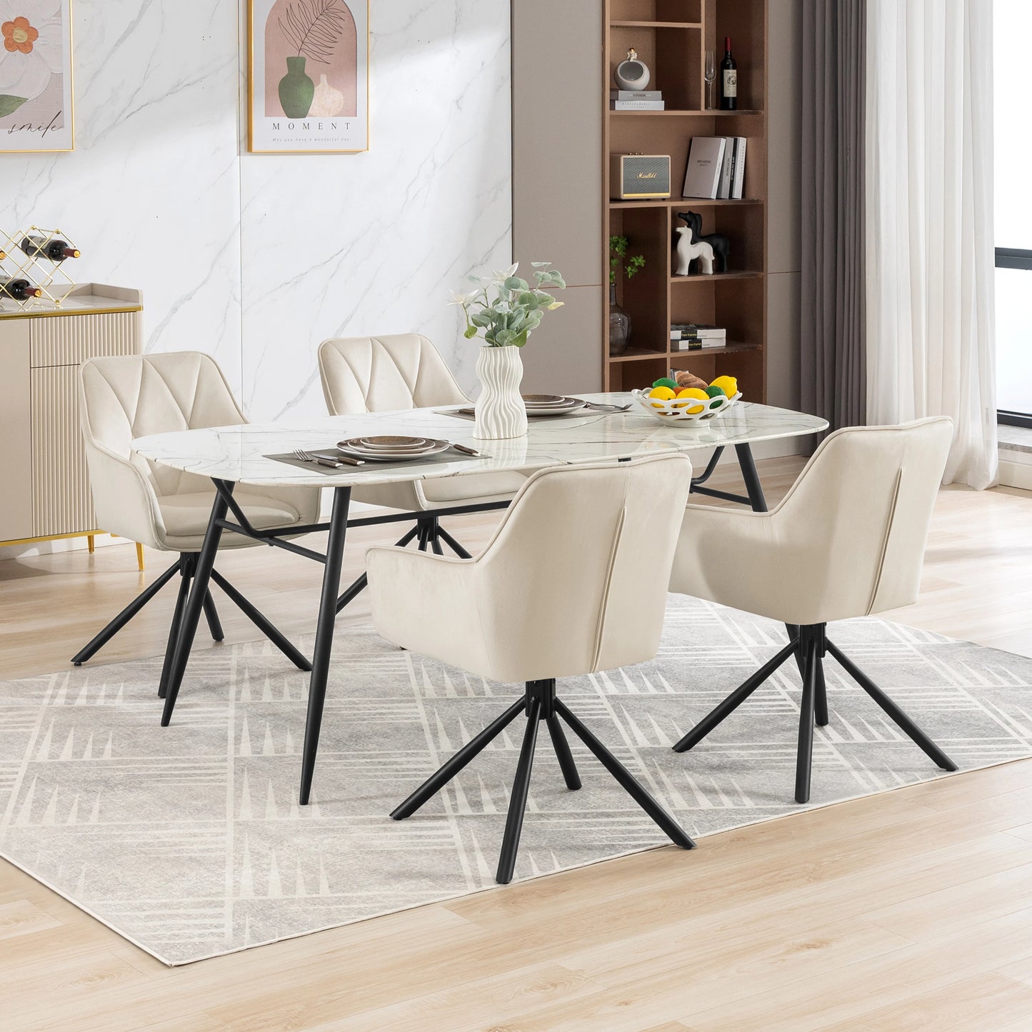 Eetkamerstoelen - Eetstoelen - Keukenstoelen - 2 Stuks - Ergonomische Scandinavische Stijl - met Rugleuning - Voor Keuken - Eetgedeelte - Fluwelen Zitje - Metalen Draaibare Poten - 57.5 x 85.5 x 58.5 cm - Beige