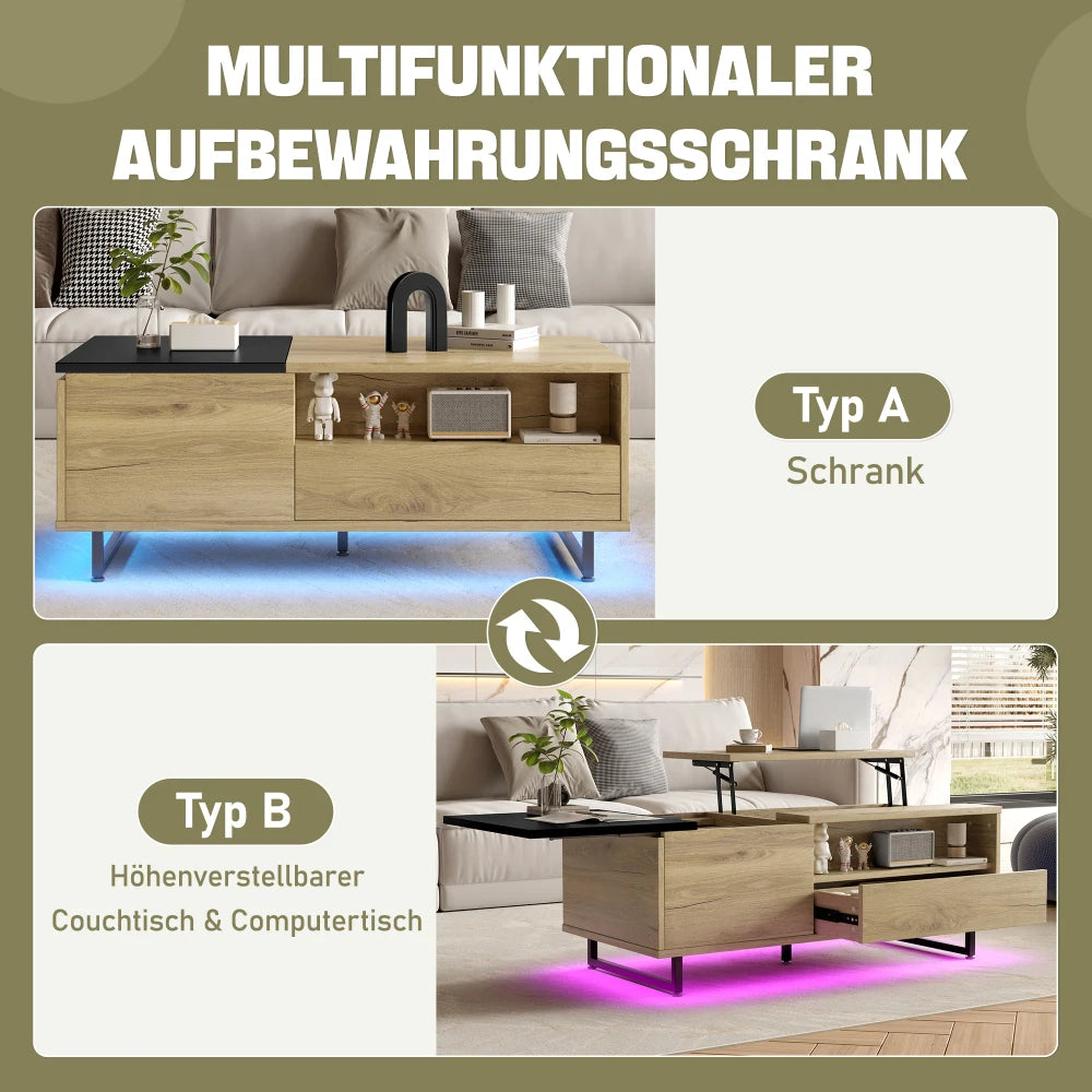 Verstelbare Salontafel – Coffee Table – Bijzettafel – Opbergtafel – Tafeltje – Met LED Vloerlamp – Met Veel Opbergruimte