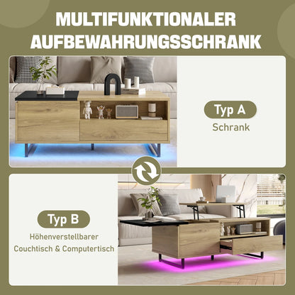 Verstelbare Salontafel – Coffee Table – Bijzettafel – Opbergtafel – Tafeltje – Met LED Vloerlamp – Met Veel Opbergruimte