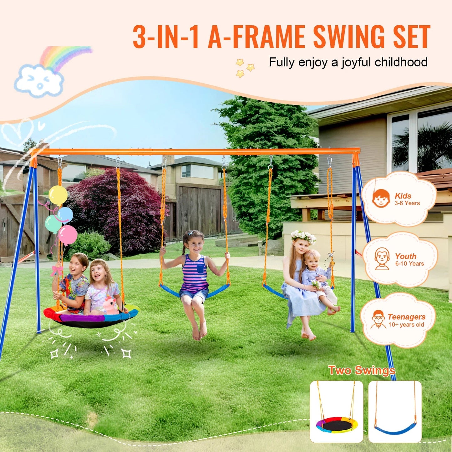 Kinderschommel - Schommel - Outdoor Schommel - 3-in-1 - Metalen A-Frame Schommel - Tuinspeelgoed - Voor 3-6 Jaar - Tot 272 kg - Plastic 1 Persoon