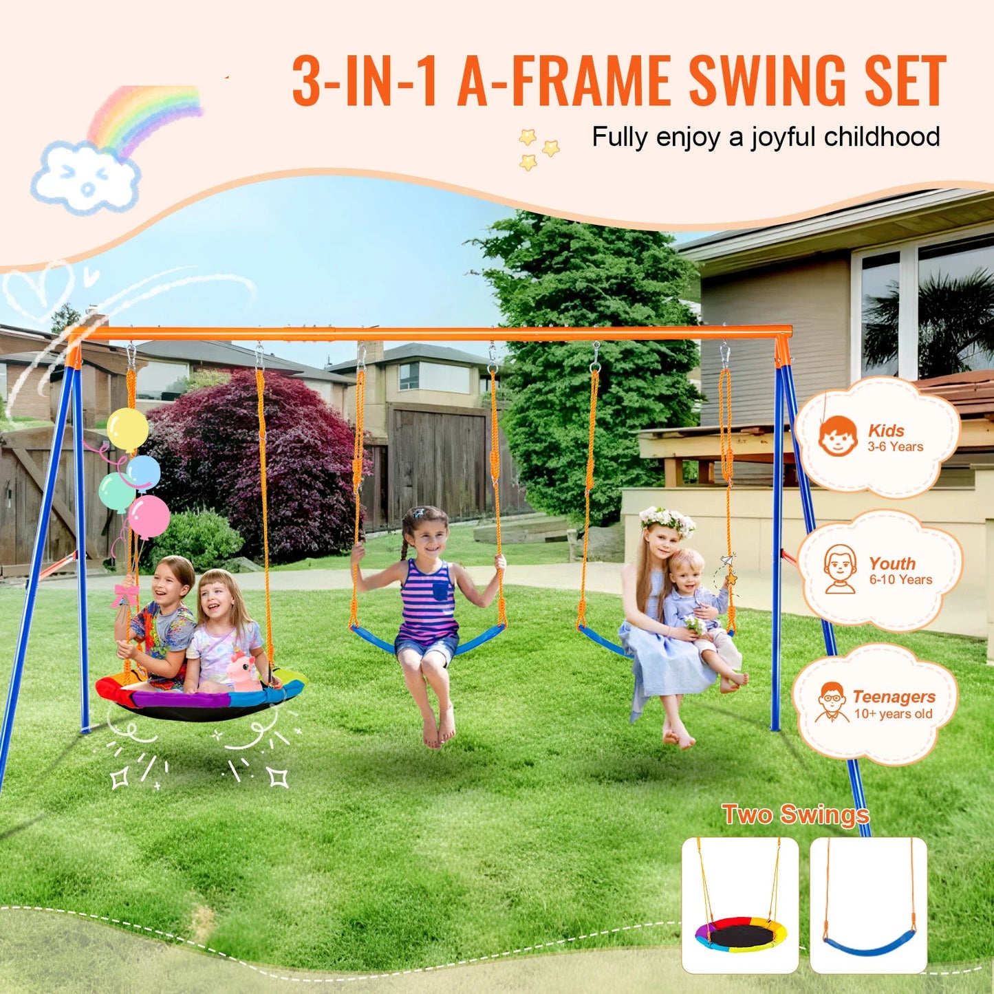 Kinderschommel - Schommel - Outdoor Schommel - 3-in-1 - Metalen A-Frame Schommel - Tuinspeelgoed - Voor 3-6 Jaar - Tot 272 kg - 2 Personen