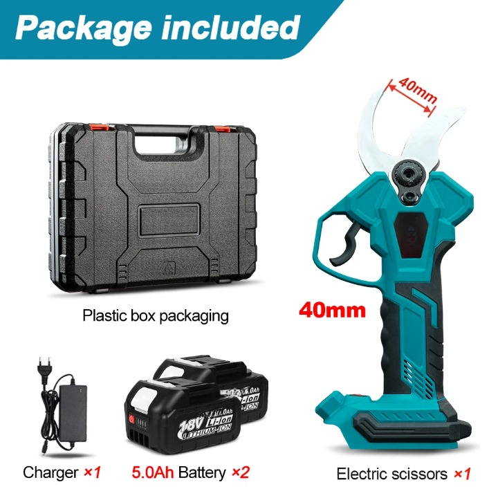 Elektrische Snoeischaar - Snoerloze Takkenschaar - Tuinschaar - Draadloze - Borstelloze Motor - met Draagtas - 40mm Snijbreedte - Koolstofstalen Mes - 2 x 5.0Ah Batterij - Oplader - Blauwgroen