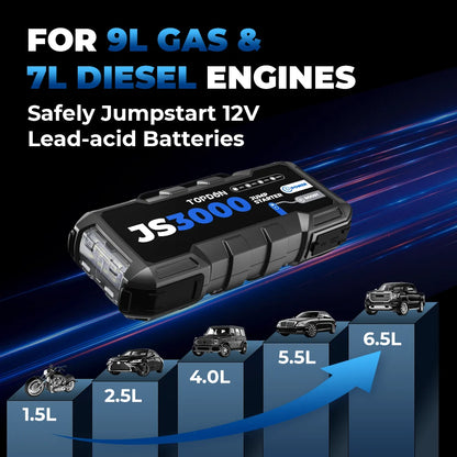 Topdon - JS3000 - Jumpstarter voor Auto - Startkabels - Starthulp - 3000A - 12V - Jumpstarters - Powerbank 30000mAh - Zwart - QUORE
