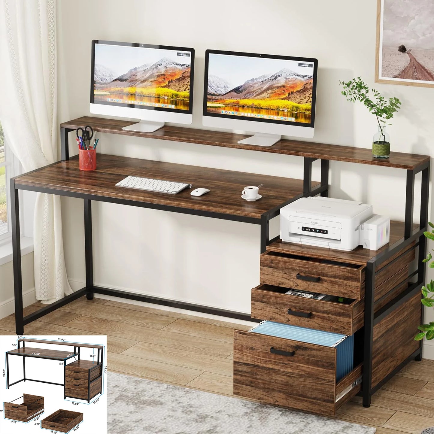 L-Vormig Bureau – Hoekbureau – Werkplek Bureau – Computertafel – Opbergbureau – Stevig Metaal Frame – Verstelbare Pootjes - Bruin 02
