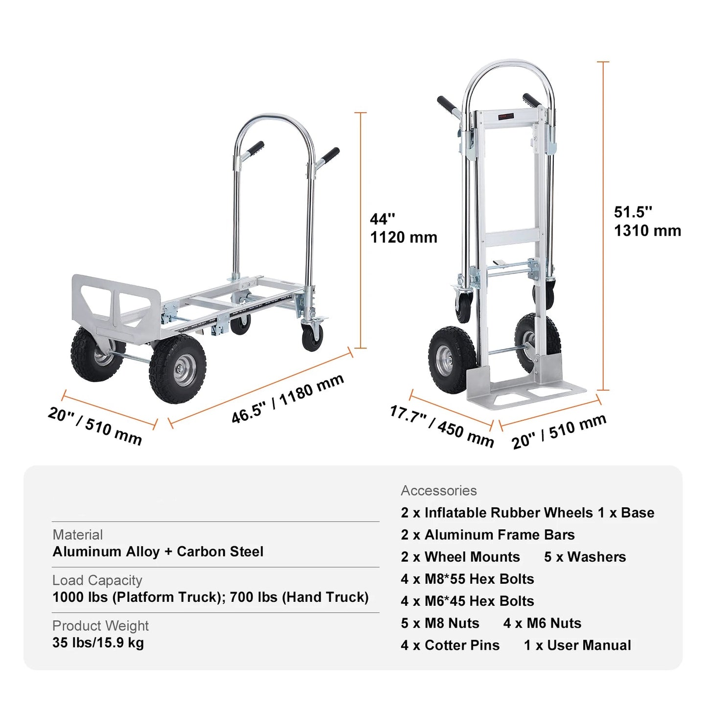 Transportkar – Handkar – Platformkar – Inklapbaar – Lichtgewicht – Aluminium Frame – 454 Kg Lastvermogen