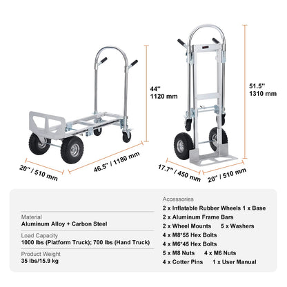 Transportkar – Handkar – Platformkar – Inklapbaar – Lichtgewicht – Aluminium Frame – 454 Kg Lastvermogen