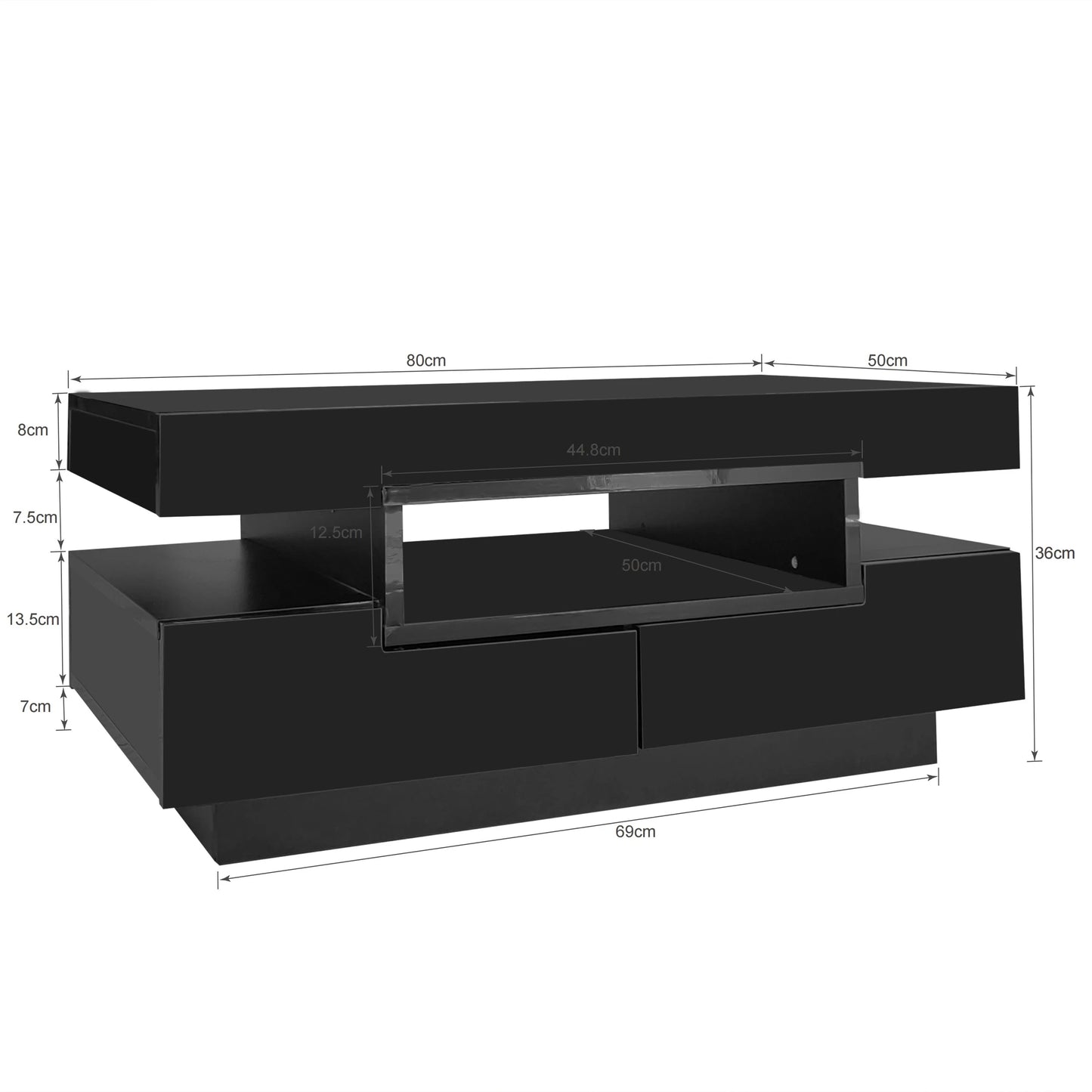 Salontafel – Koffietafel – Woonkamertafel – Opbergtafel – LED-Verlichting – 80 X 50 X 36 Cm – Vier Lades - Zwart - QUORE